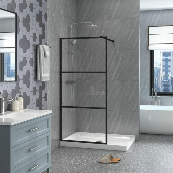 Goodyo 34" X 72" Shower Door  Walk-in Clear Tempered Glass Framed Shower Screen, Matte Black, 3 Pieces Panels