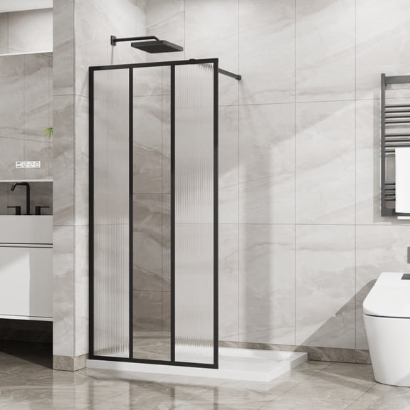 Goodyo 34" x 72" Fixed Shower Door – 3-Panel Walk-in Shower Screen with Center Mirror & Fluted Pattern, 5mm Tempered Glass, Matte Black Finish, Reversible Installation