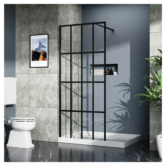 Goodyo 34x72 Shower Door Walk-in, Black Shower Screen Panel Wetroom, 0.2in Tempered Glass, Adjustable Support Bar, Easy Install
