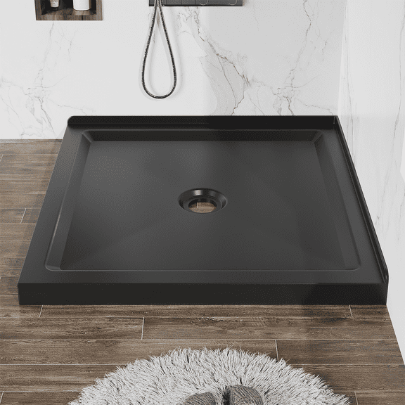Goodyo 36"x36" Shower Base Anti-slip Acrylic Center Drain Double Threshold Shower Basin in Black