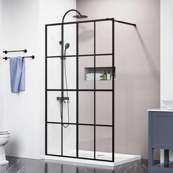 Goodyo 46" X 72" Shower Door Fixed Walk-in Tempered Glass Shower Screen, Black Finish Aluminum Framed