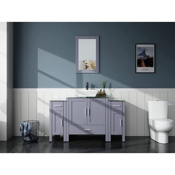 Goodyo 54" Gray Bathroom Vanity and Sink Combo MDF Wood Glass Top Heighten Cabinet w/Mirror Faucet and Drain