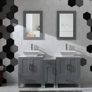 Goodyo 60" Bathroom Vanity Cabinet Double Sink Marble Top Solid Wood Grey Painted w/Mirror, Faucet and Drain Set