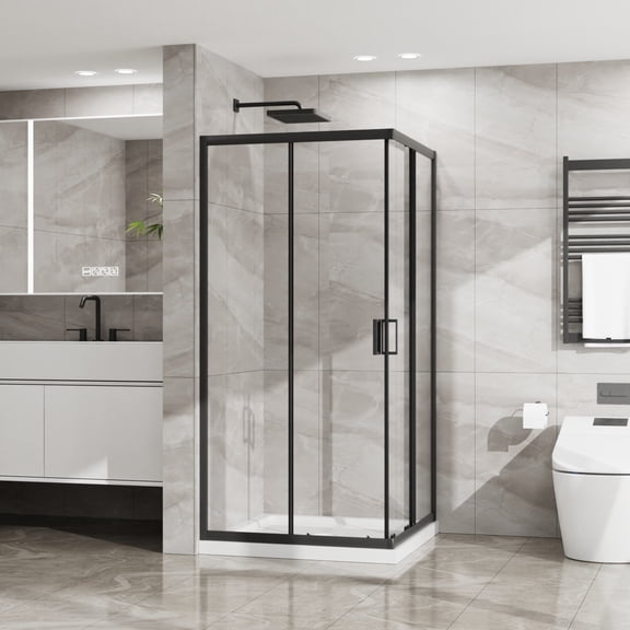 Goodyo Corner Shower Door 36 in.D x 36 in. W x 72 in. H, Shower Enclosure with 1/5 in. Clear Tempered Glass Panels, Sliding Opening, Black Finish Aluminum Framed