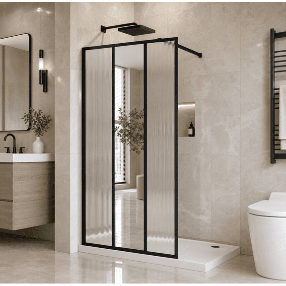 Goodyo Modern Fixed Shower Door 46" W x 72" H, Black Aluminum Frame 3-Panel Easy Assemble Shower Screen for Open Bathroom, 1/5 in Safety Glass