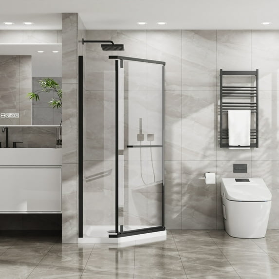 Goodyo Neo-Angle Frameless Shower Door 36"D x 36"W x 72"H Corner Shower Enclosure with Clear SGCC Tempered Glass Pivot Shower Door, Strong and Stable, Matte Black