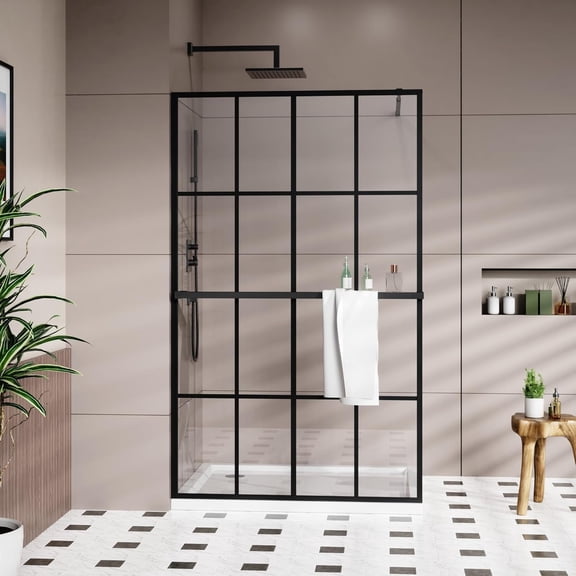 Goodyo Glass Shower Door with Towel Bar Rack Combo 46"x72'', Fixed Shower Screen Panel with Matte Black Aluminum Frame, French Grid