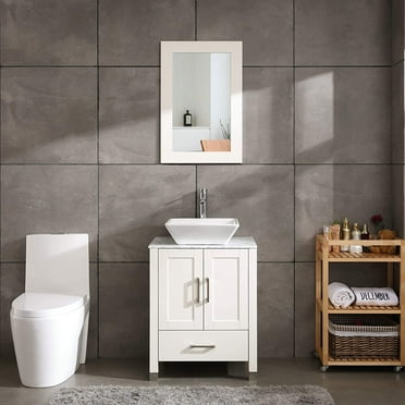 Goodyo Solid Wood Bathroom Vanity Cabinet with Marble Top Faucet & Mirror, White, 24"