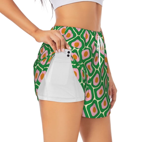 Goofa 60s and 70s Style Printed Women 2 in 1 Running Shorts,Quick Dry Athletic Workout Shorts,High Waisted Athletic Shorts with Liner Pockets-XX-Large