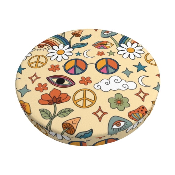 Goofa 70s Hippie Style Printed Stool Covers Round, Waterproof Round Bar Stool Covers Anti-Slip Round Bar Stool Seat Cover with Elastic Bands Durable -14 inch