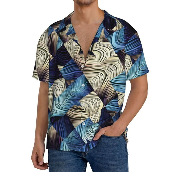 Goofa Abstract Blue Squares Printed Men's Casual Short-sleeved Shirt,Lightweight Breathable Button-down,Summer Casual men's top,Versatile Fashion shirt-XX-Large