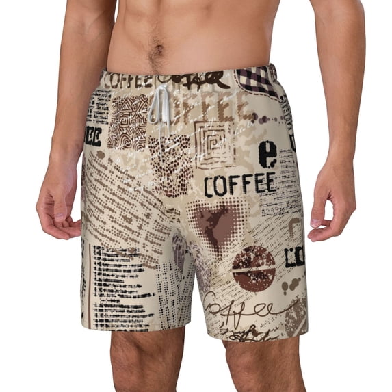 Goofa Abstract Coffee Pattern With Letters Printed Men's Swim Trunks Board Shorts Quick Dry Mens Swimming Trunks with Compression Liner,Breathable Fit Hawaii Beach Shorts-X-Large