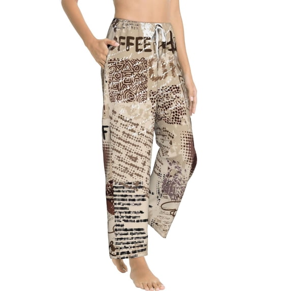 Goofa Abstract Coffee Pattern With Letters Printed Soft Pajama Pants for Women, Wide Leg Comfy Casual Lounge Yoga Pants-Medium