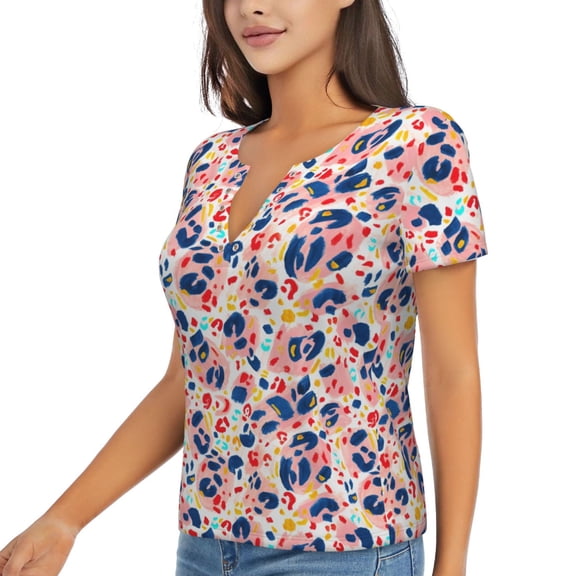 Goofa Abstract Leopard Print Pattern Womens Deep V Neck Low Cut Tops Casual Summer Short Sleeve Ribbed Knit T-Shirts-Small