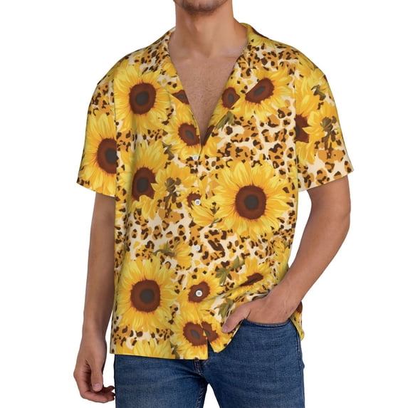 Goofa Abstract Leopard Print Sunflower Printed Men's Casual Short-sleeved Shirt,Lightweight Breathable Button-down,Summer Casual men's top,Versatile Fashion shirt-Small