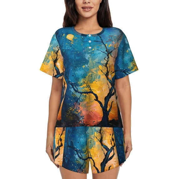 Goofa Abstract Night Sky Tree for Womens Cotton 2 Piece Pajamas Set Classic Short Sleeve Pjs Set Soft Button Down Sleepwear Loungewear-X-Large