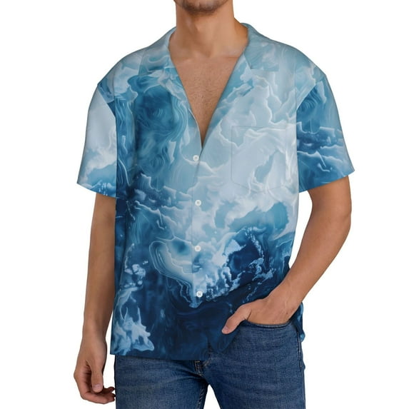 Goofa Abstract Ocean Waves Printed Men's Casual Short-sleeved Shirt,Lightweight Breathable Button-down,Summer Casual men's top,Versatile Fashion shirt-X-Large