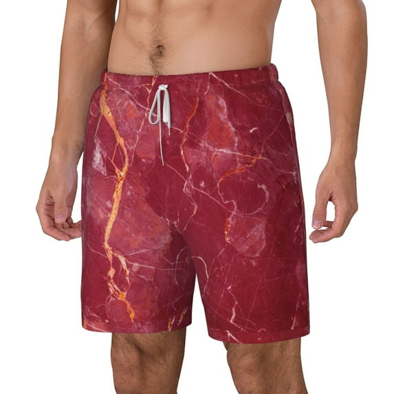 Goofa Abstract Red Marble Printed Men's Swim Trunks Board Shorts Quick Dry Mens Swimming Trunks with Compression Liner,Breathable Fit Hawaii Beach Shorts-X-Large