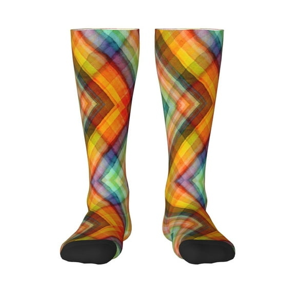 Goofa Abstract Watercolors Tartan Pattern Adult Stockings, Color-Block Knee High Socks, Comfortable and Breathable, Soft and Stretchable, Sports, and Decoration