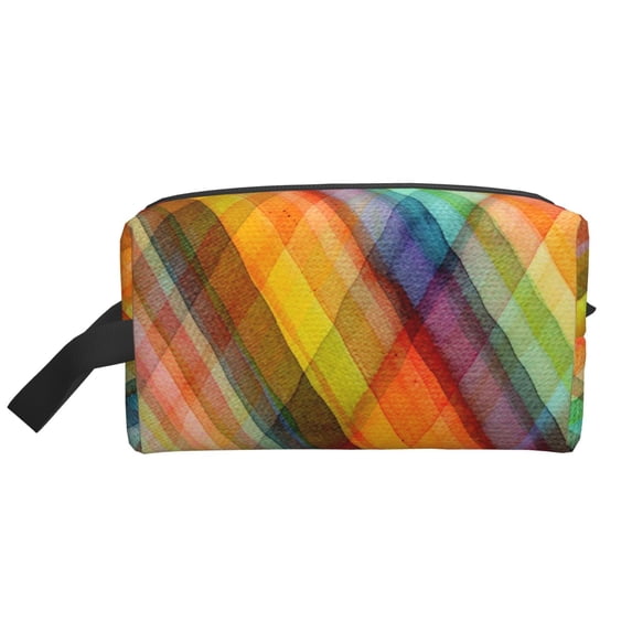 Goofa Abstract Watercolors Tartan Printed Toiletry Bag with Handle,Large Capacity Travel Makeup Cosmetic Bag for Women, Carry on Airport Airline Compliant Bag