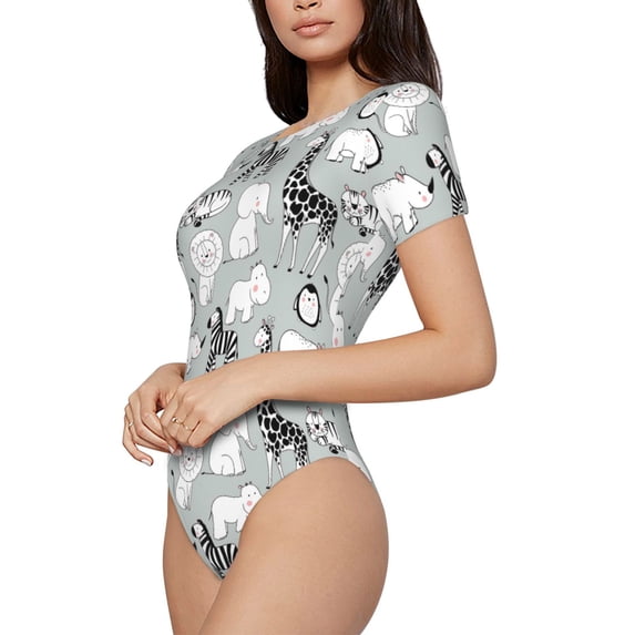 Goofa African Animals Printed Women Rash Guard Short Sleeve,Tummy control Swimsuit Surfing Swimsuit Bathing Suit One Piece Swimsuit UPF 50-Medium
