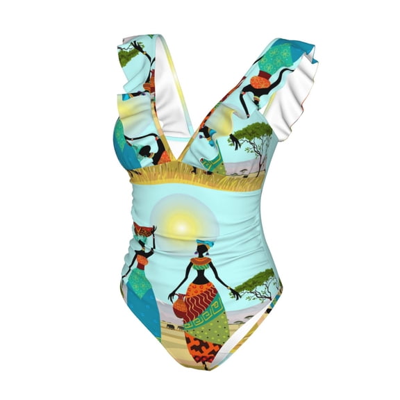 Goofa African Women Print Women's Ruffled One Piece Swimsuit V Neck