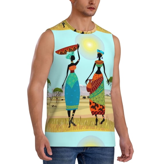 Goofa African Women Printed Men's Sleeveless T-Shirt - Athletic Gym Workout Tank Top for Men - Moisture-Wicking, UPF 30+ Quick-Dry Muscle Tee-Large