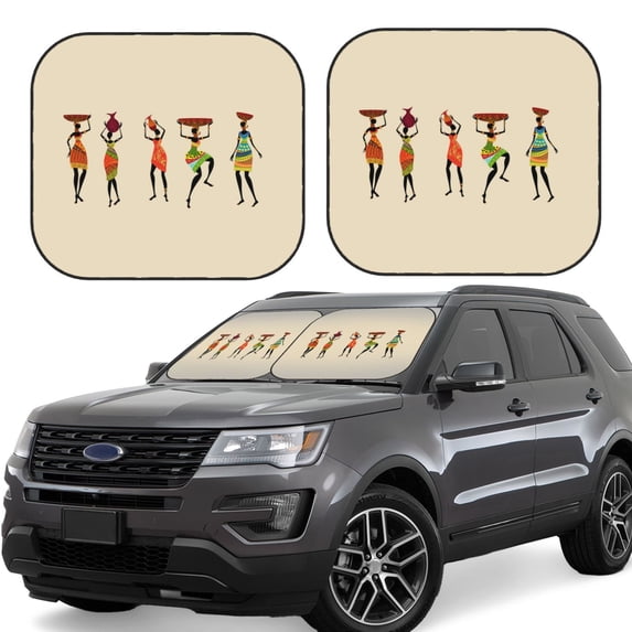Goofa African Women in Traditional Clothes Pattern 2 Piece Car Windshield Sun Shade Foldable | Front Windshield Shade for Sun, Heat and UV Rays | Sunshade for Car Front Window-Medium