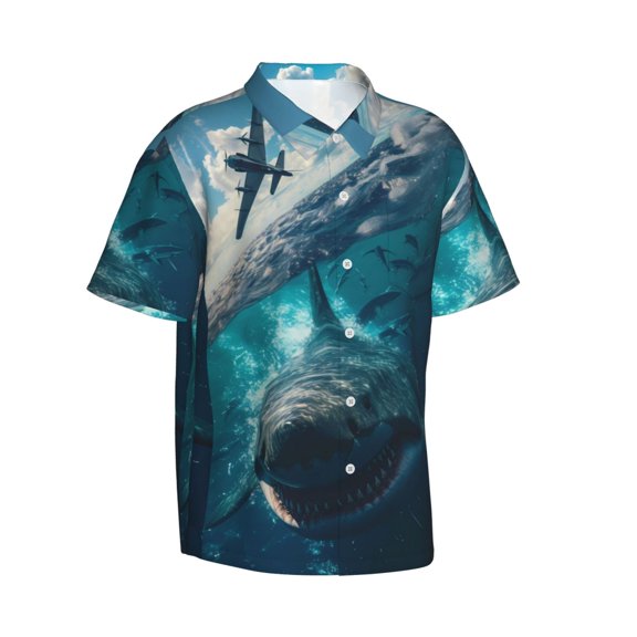 Goofa Airplane Shark Hawaiian Shirt for Men, Unisex Summer Beach Casual Short Sleeve Button Down Shirts,Aloha Tropical Floral print shirt-XX-Large
