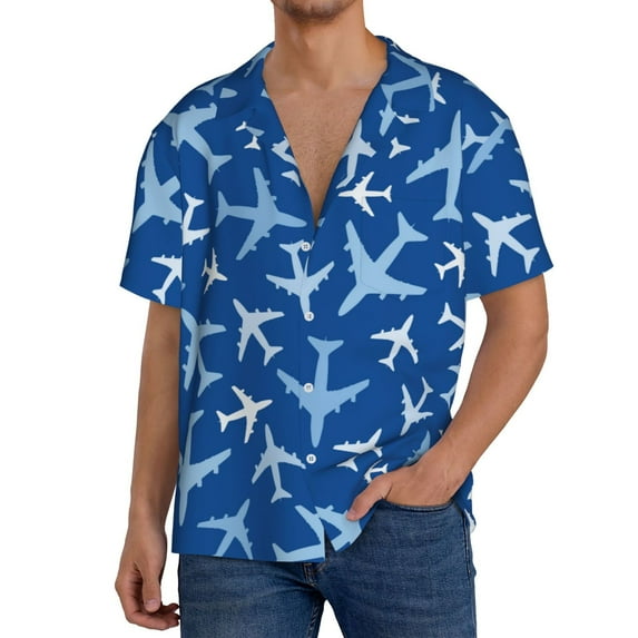 Goofa Airplanes in the Sky Printed Men's Casual Short-sleeved Shirt,Lightweight Breathable Button-down,Summer Casual men's top,Versatile Fashion shirt-Small