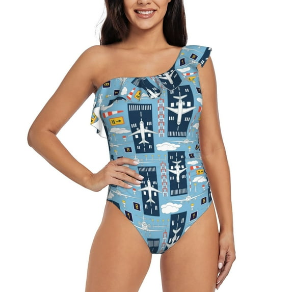 Goofa Airplanes and Aviation Signs Pattern Women's One Piece Swimsuits Tummy Control Bathing Suits Asymmetric One Shoulder Swimwear-X-Large