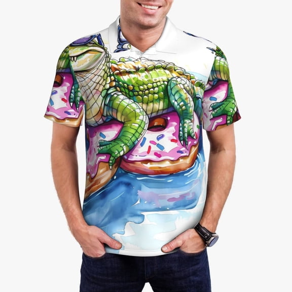Goofa Alligator Donut Pool Float Print Mens Polo Shirts Quick Dry Short Sleeve Golf T Shirt Performance Moisture Wicking Casual Workout-Large