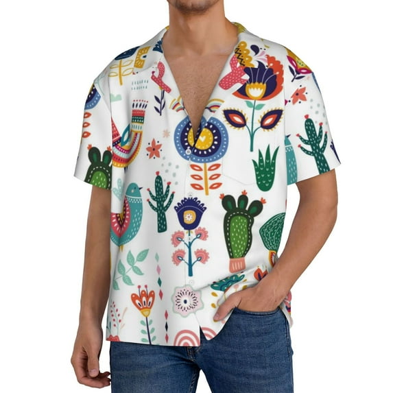 Goofa Alpaca Flower Printed Men's Casual Short-sleeved Shirt,Lightweight Breathable Button-down,Summer Casual men's top,Versatile Fashion shirt-Medium