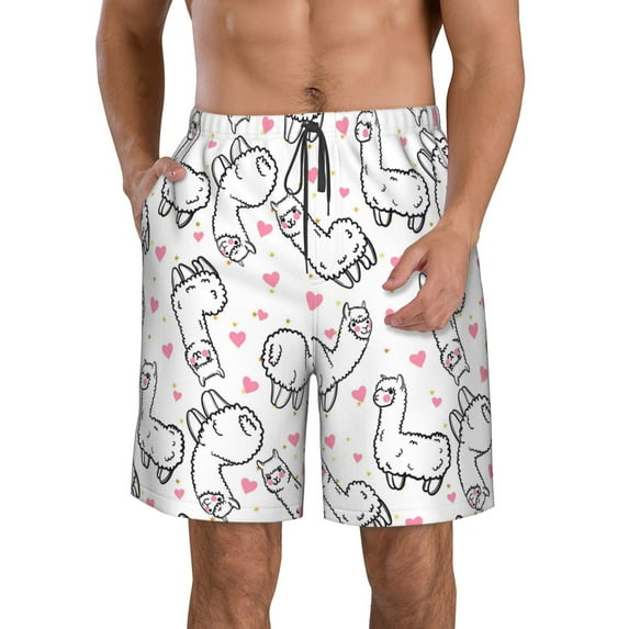 Goofa Alpacas and Hearts Printed Mens Swim Trunks Summer Quick Dry Short Beach Swimwear Bathing Suits-