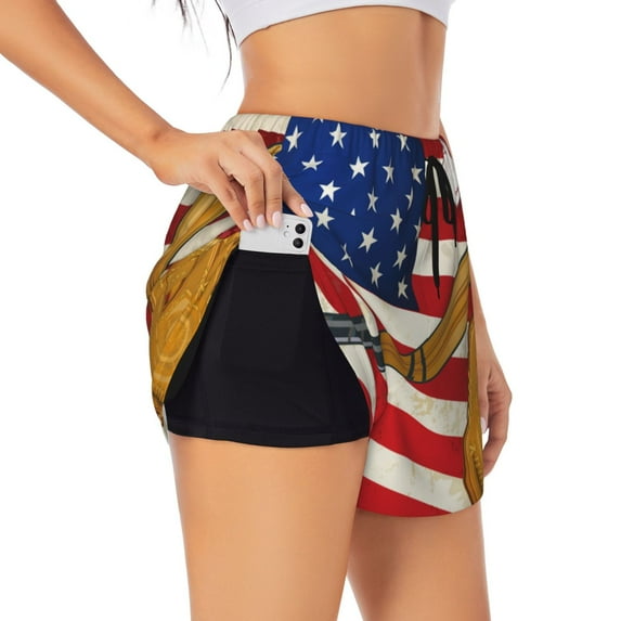 Goofa American Flag And Baseball Printed Women 2 in 1 Running Shorts,Quick Dry Athletic Workout Shorts,High Waisted Athletic Shorts with Liner Pockets-Small