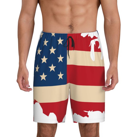 Goofa American Flag Map Pattern Men's Pajama Short Sleep Shorts Soft Comfortable Breathable Pajamas Shorts with Pockets-X-Large