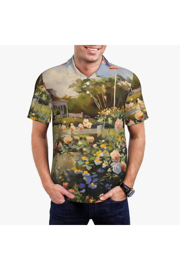 American Flag Rose Garden Print Mens Polo Shirts Quick Dry Short Sleeve Golf T Shirt Performance Moisture Wicking Casual Workout-Large