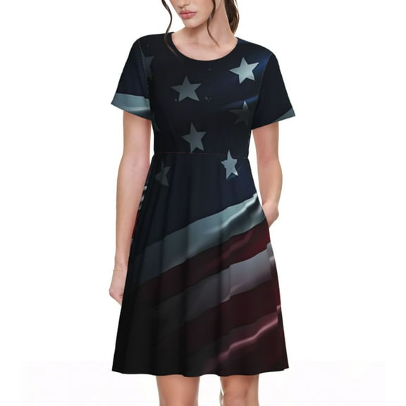 Goofa American Flag Waving Print Pattern Women Summer Short Sleeve Midi Dress with Pockets Casual Aline Flowy Tshirt Dress Vocation Beach Sundress