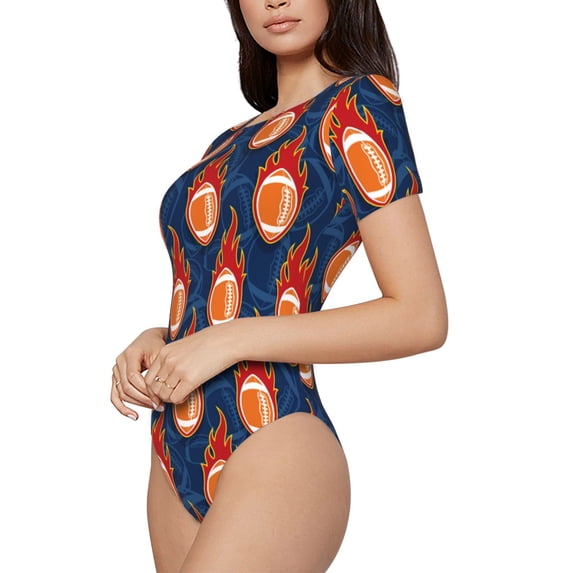 Goofa American Football and Fire Flames Printed Women Rash Guard Short Sleeve,Tummy control Swimsuit Surfing Swimsuit Bathing Suit One Piece Swimsuit UPF 50-