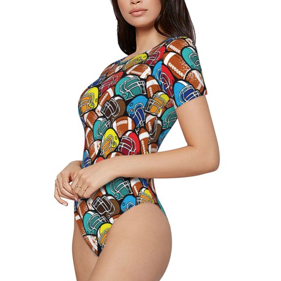 Goofa American Football Printed Women Rash Guard Short Sleeve,Tummy control Swimsuit Surfing Swimsuit Bathing Suit One Piece Swimsuit UPF 50-Large