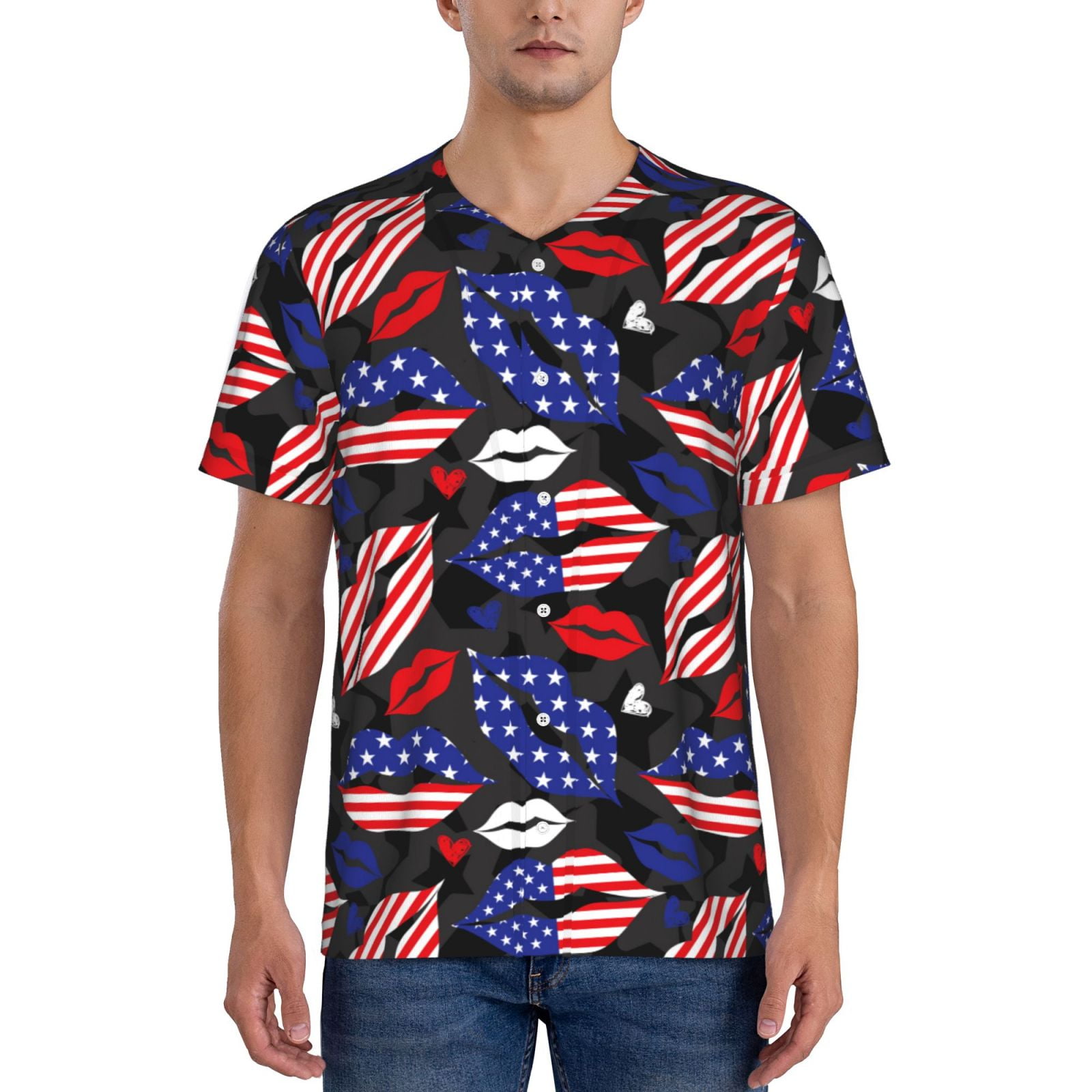 Goofa American With Lips Pattern Mens Golf Shirt Baseball T-shirt 