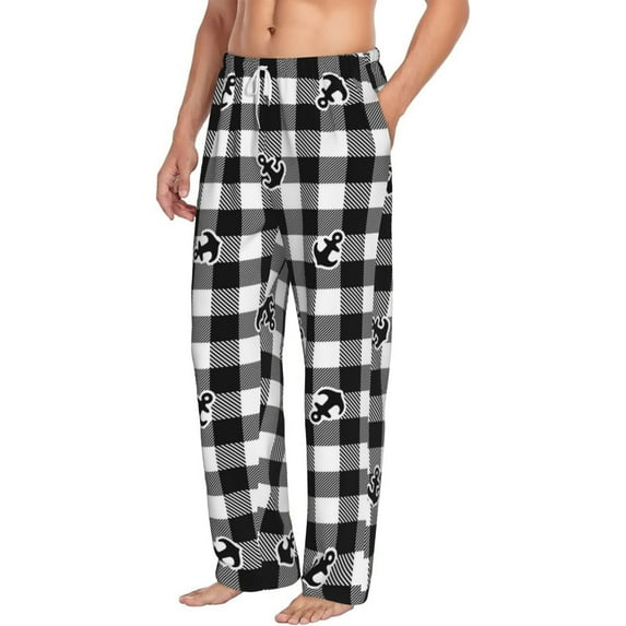 Goofa Anchor Black Tartan Plaid Printed Soft Pajama Pants for Men, Wide Leg Comfy Casual Lounge Yoga Pants-XX-Large