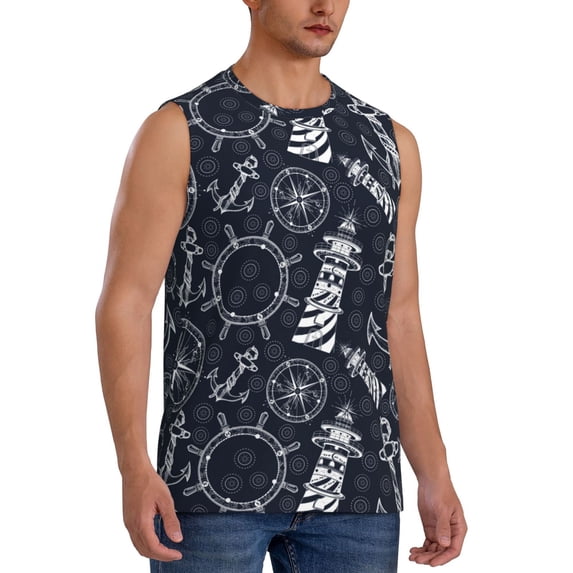 Goofa Anchor and Lighthouse Printed Men's Sleeveless T-Shirt - Athletic Gym Workout Tank Top for Men - Moisture-Wicking, UPF 30+ Quick-Dry Muscle Tee-Large