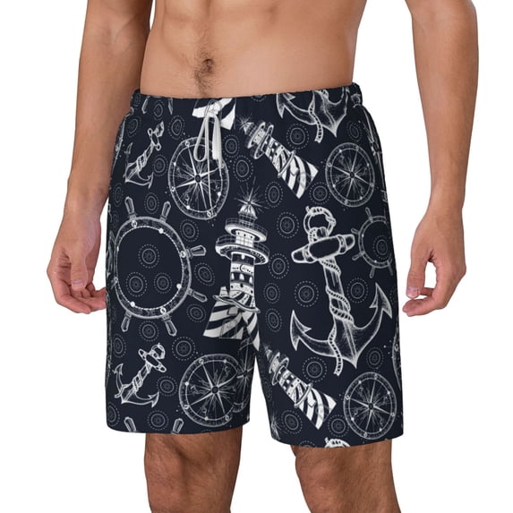 Goofa Anchor and Lighthouse Printed Men's Swim Trunks Board Shorts Quick Dry Mens Swimming Trunks with Compression Liner,Breathable Fit Hawaii Beach Shorts-Large