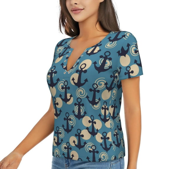 Goofa Anchors Pattern Womens Deep V Neck Low Cut Tops Casual Summer Short Sleeve Ribbed Knit T-Shirts-Medium