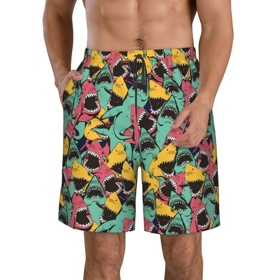 Goofa Angry Shark Pattern Printed Mens Swim Trunks Summer Quick Dry Short Beach Swimwear Bathing Suits-Large