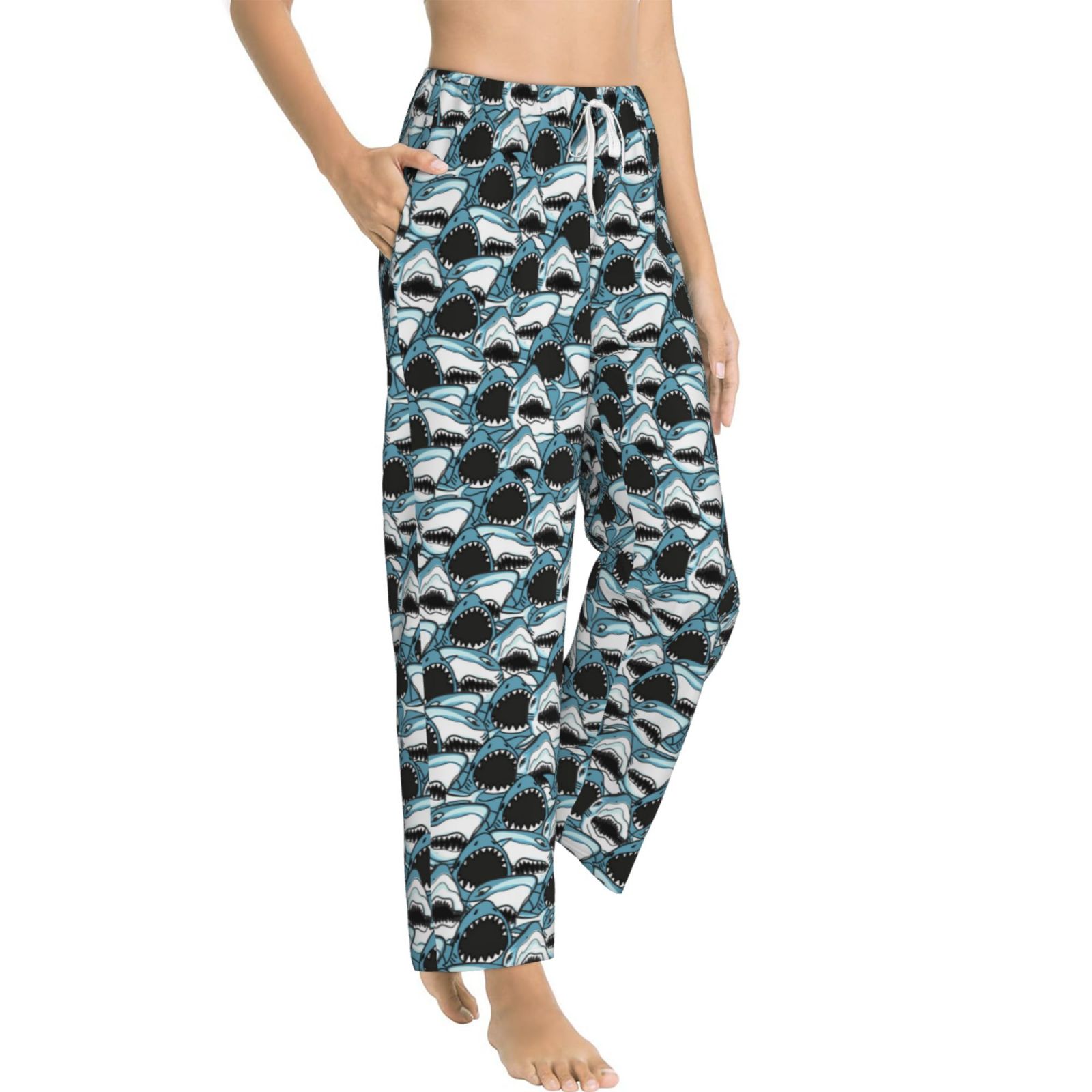 Goofa Angry Shark Printed Soft Pajama Pants for Women, Wide Leg Comfy ...
