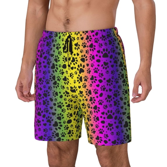 Goofa Animal Paw Rainbow Printed Men's Swim Trunks Board Shorts Quick Dry Mens Swimming Trunks with Compression Liner,Breathable Fit Hawaii Beach Shorts-X-Large