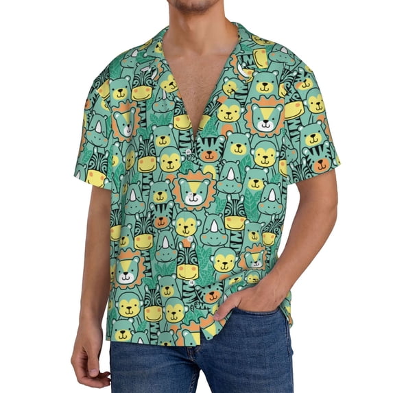 Goofa Animals with Leaf Printed Men's Casual Short-sleeved Shirt,Lightweight Breathable Button-down,Summer Casual men's top,Versatile Fashion shirt-Small