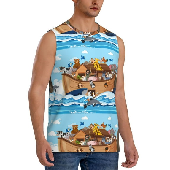 Goofa Animals on Noah's Ark Floating Printed Men's Sleeveless T-Shirt - Athletic Gym Workout Tank Top for Men - Moisture-Wicking, UPF 30+ Quick-Dry Muscle Tee-Medium